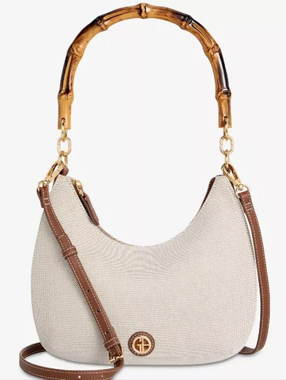 GIANI BERNINI Cream Canvas Hobo Bag with Bamboo Handle/ BNWT